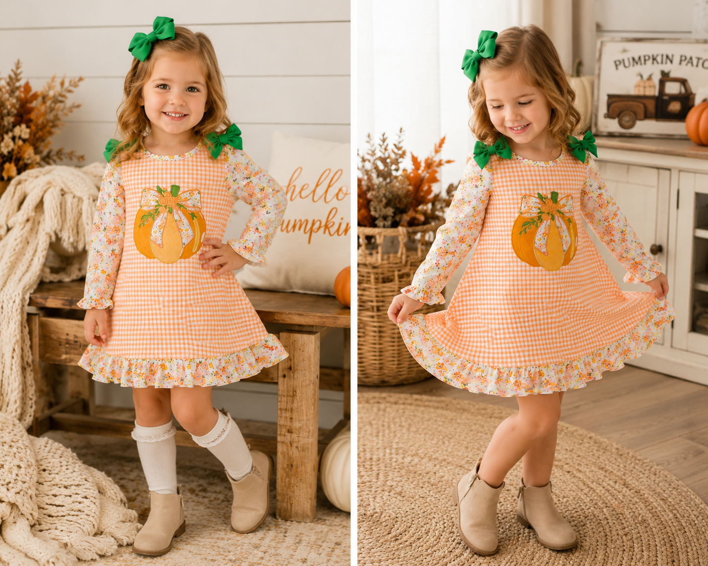 A toddler girl modeling a long-sleeve gingham dress in a split-screen lifestyle photo. The dress has a pumpkin graphic on the front, floral ruffle trim, and green bow hair clips.