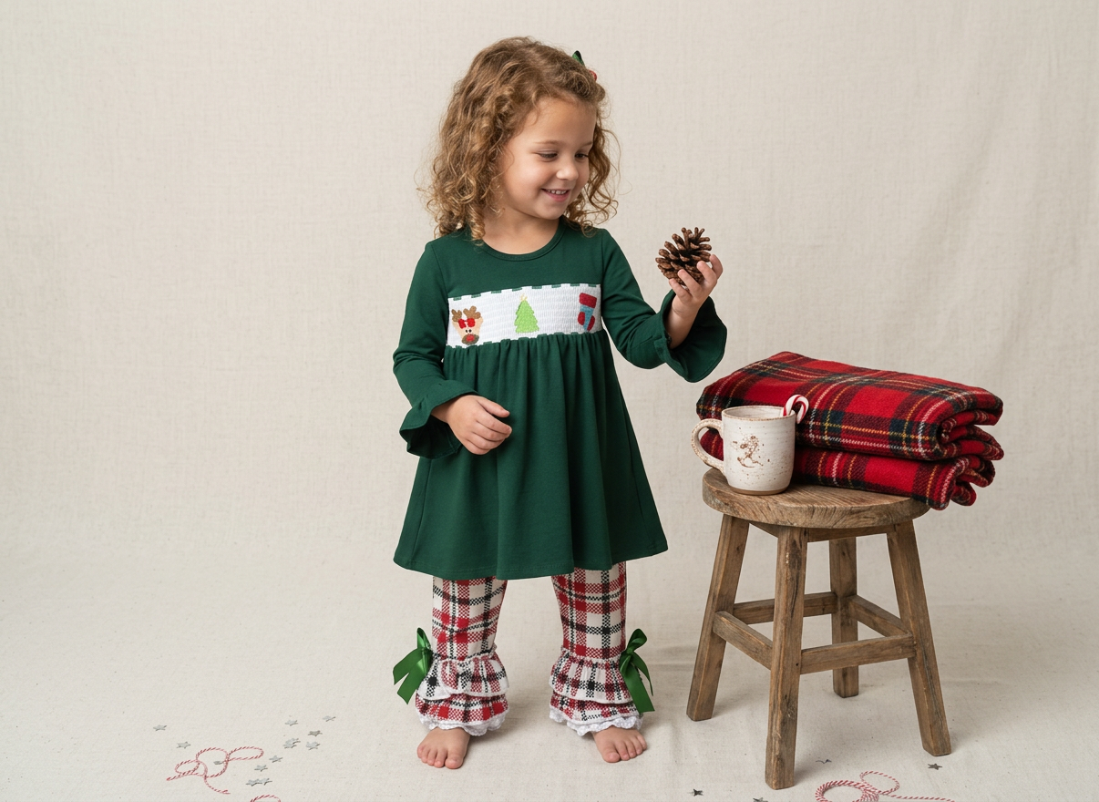 A young girl stands barefoot on a cream studio backdrop wearing a dark green long-sleeve dress with a white chest panel featuring holiday illustrations, red-and-white plaid flared pants, and green bow accents. She holds a pinecone beside a small wooden stool holding a folded red plaid blanket and a white mug.