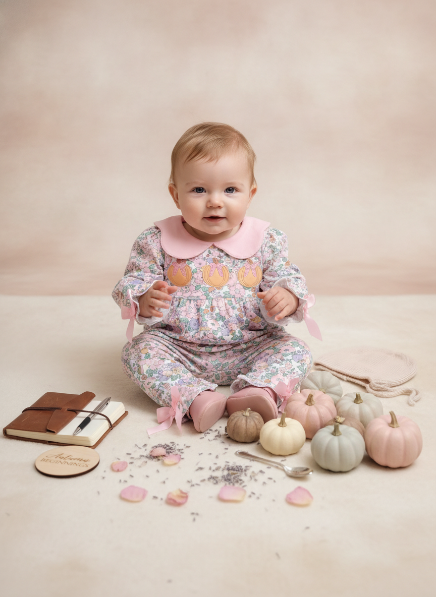 A baby sitting on a beige studio floor wearing a pink floral one-piece jumpsuit with a Peter Pan collar and pumpkin appliques. The scene is styled with small pumpkins, scattered pink petals, a small notebook, and a soft fabric accessory on a warm neutral backdrop.