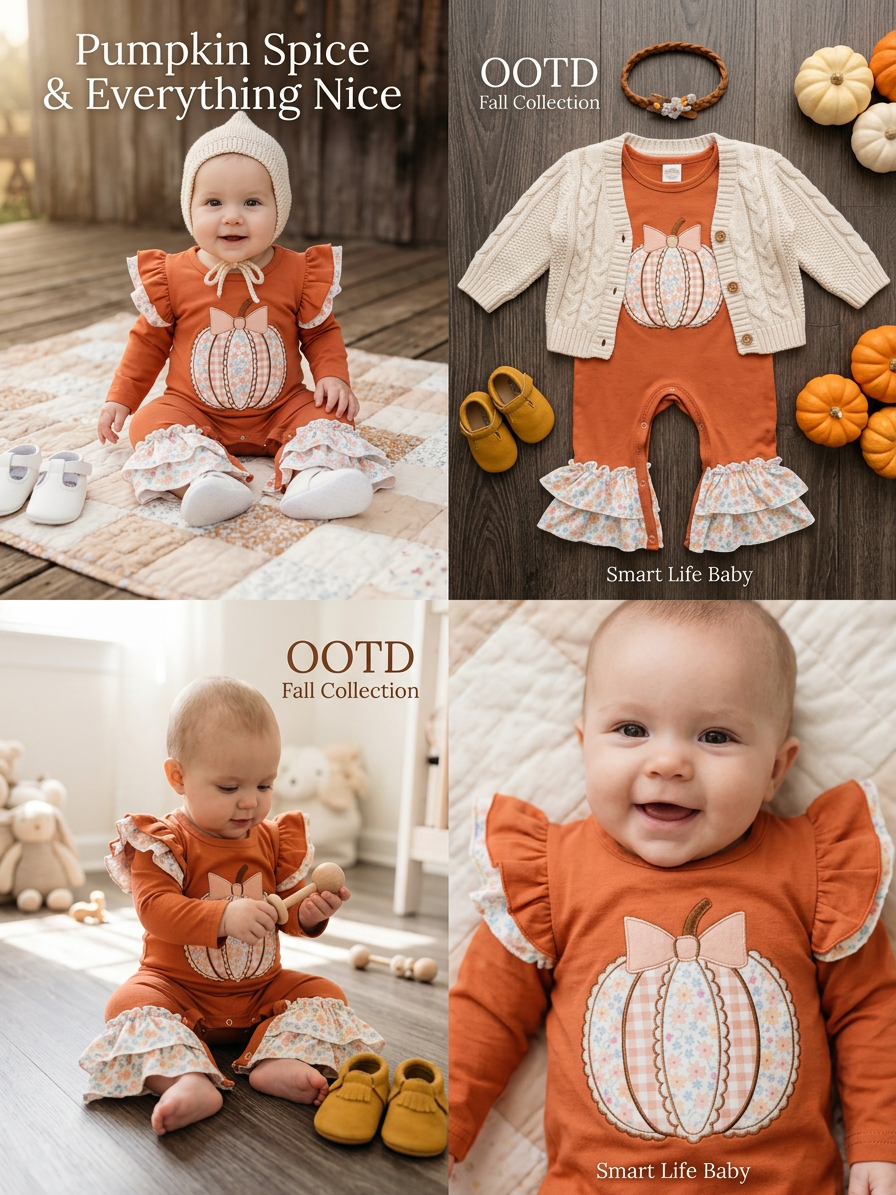 Baby Girl Pumpkin Appliqué Heirloom Romper Floral Rust with Ruffles