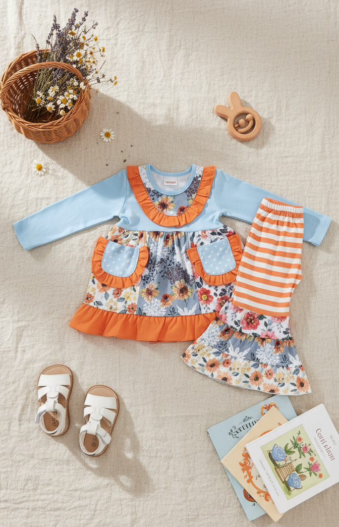 Girls Fall Bell Bottom Outfit – Light Blue Floral Boutique Set for Little Girls