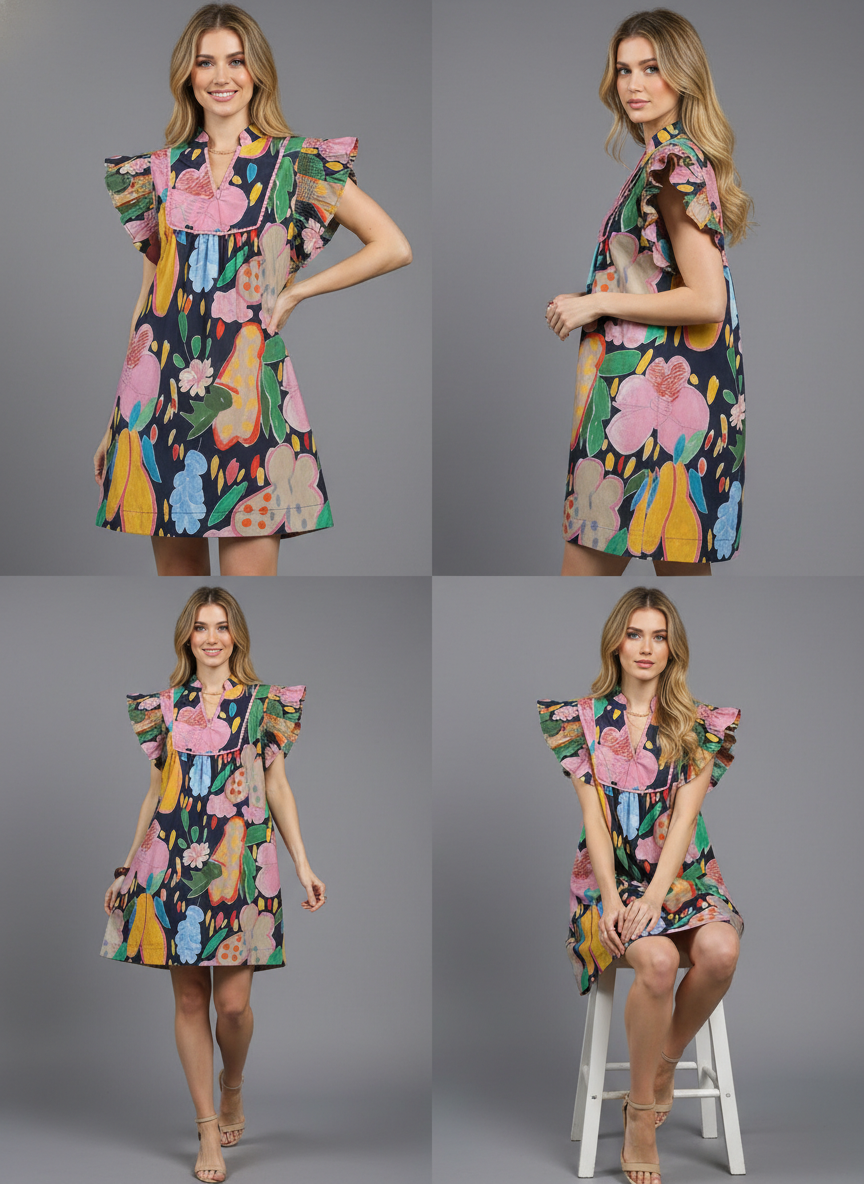 Navy Floral Ruffle Sleeve Dress – Flirty & Feminine Umgee