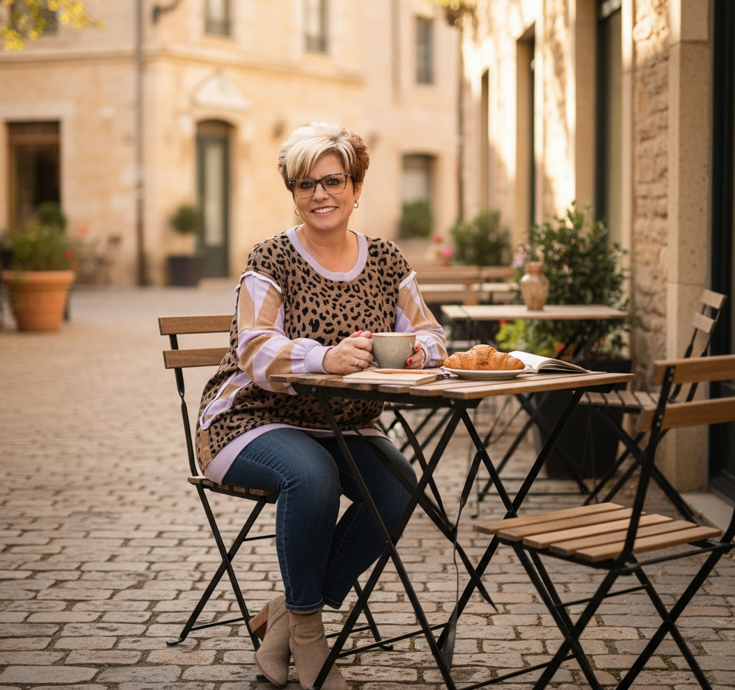 Leopard & Stripe Color Block Pullover – Lilac & Mustard | BIBI Top