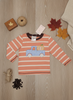 A children's long-sleeve shirt laid flat on a wood surface, featuring coral and cream horizontal stripes with a blue gingham pickup truck carrying a pumpkin graphic on the front. The shirt is styled with autumn props including leaves, a small basket, and a knit fabric piece.
