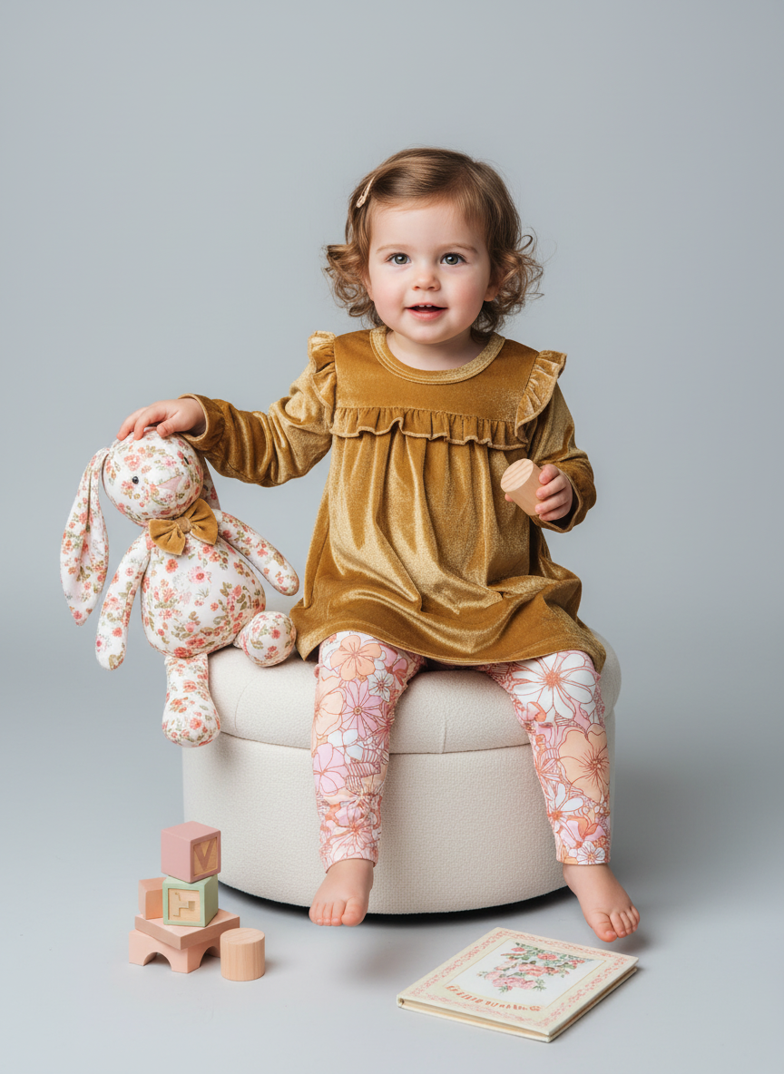 Girls Velour Babydoll Top and Floral Leggings 2-Piece Set - Golden Mustard